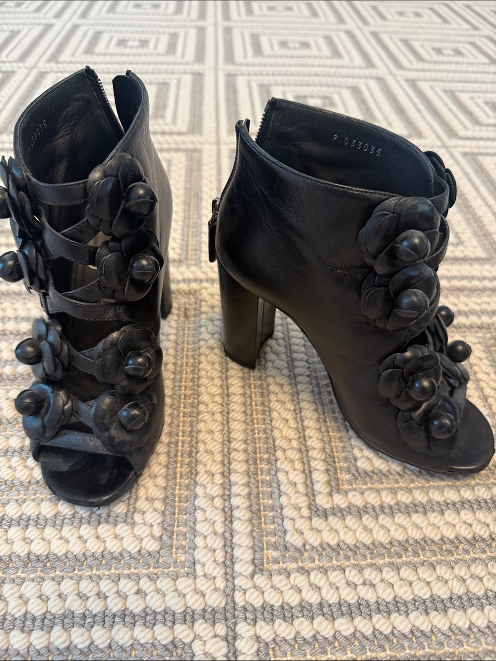 CHANEL Black Leather Floral-Embellished Strappy Heels